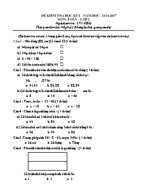 Đề và đáp án kiểm tra định kì học kì I Toán lớp 2 - Năm học 2016-2017
